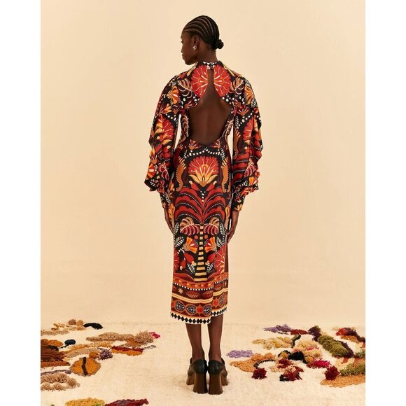 💕FARM RIO💕 Nature Beauty Red Scarf Backless Midi Dress ~ Large L NWT - Picture 3 of 16